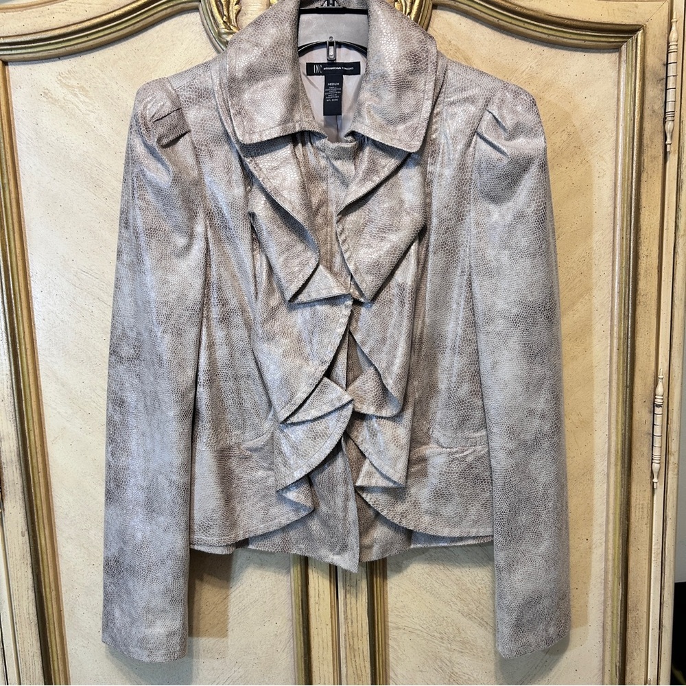 INC Tan Cream Faux Snake Leather Suede Ruffle Front Jacket